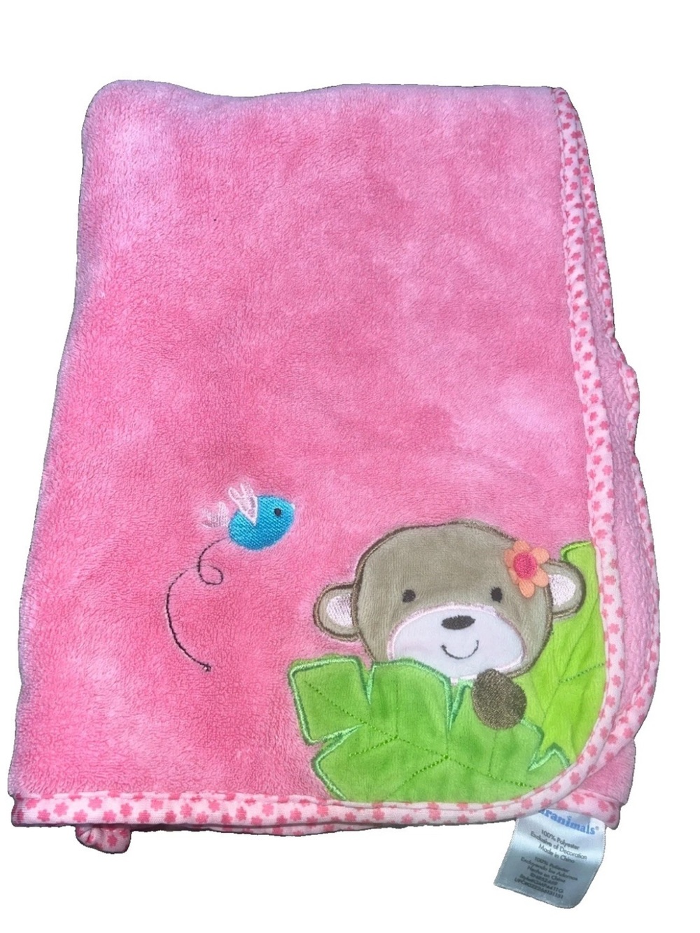 Rare Garanimals Pink Monkey Baby Blanket Plush Bird Leaf Flower Trim